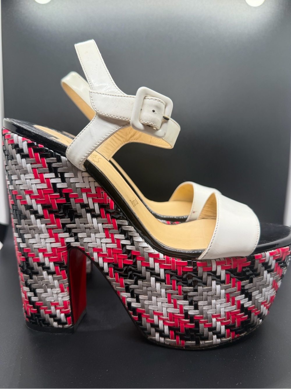 Christian Louboutin Woven Leather Platform Sandals Size 38 Pink Black White